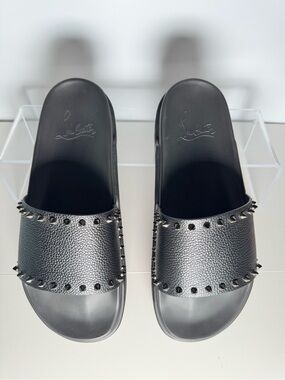 Christian Louboutin Pool Stud Slides Black Leather Mens Size 44 NEW